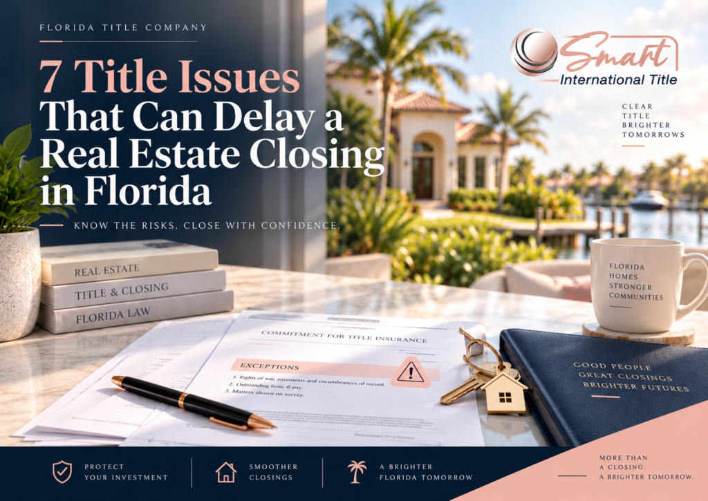 Florida home with closing documents and title search materials illustrating title issues that can delay a real estate closing.