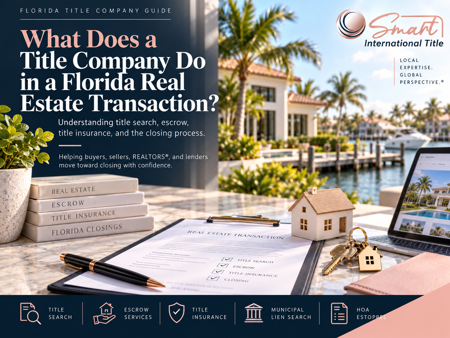 Florida real estate closing with title company documents and house keys