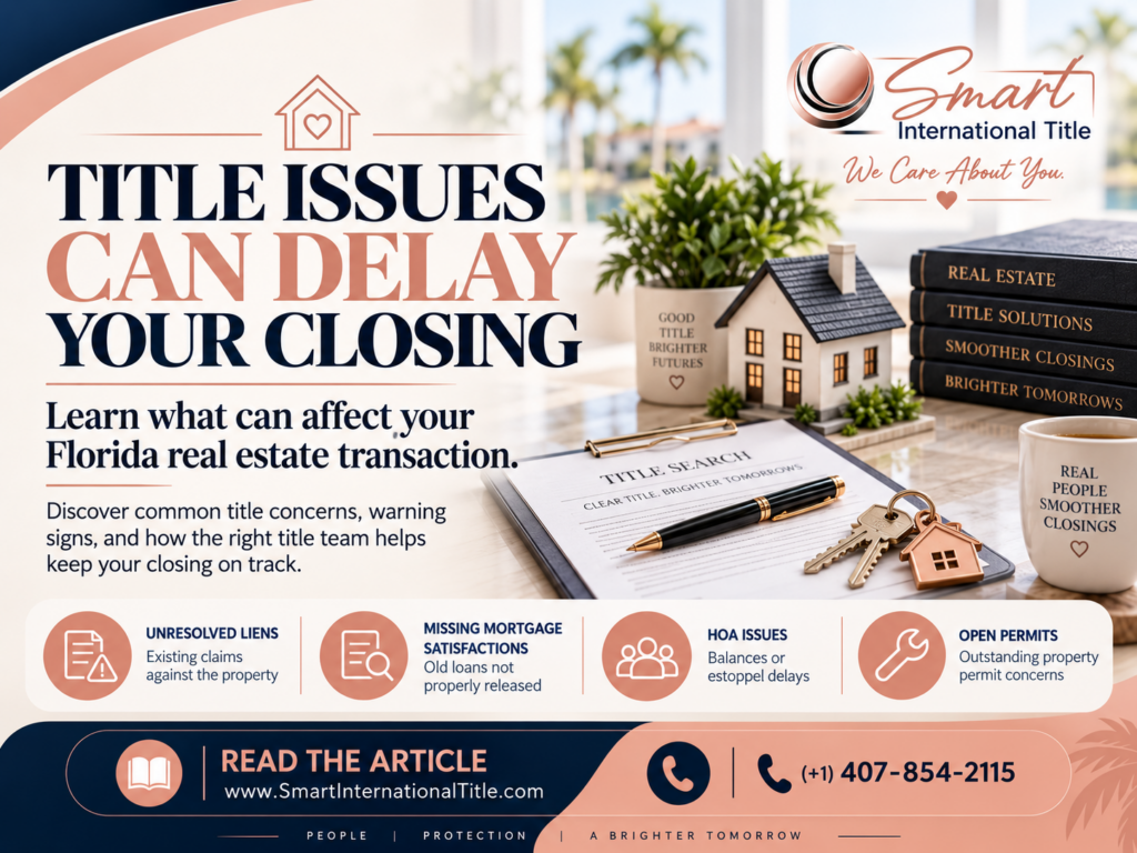 Smart International Title graphic explaining title issues that can delay a Florida real estate closing.