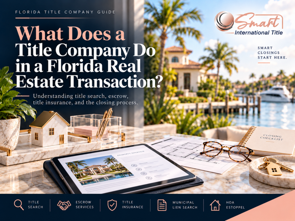 Florida real estate closing with title company documents and house keys