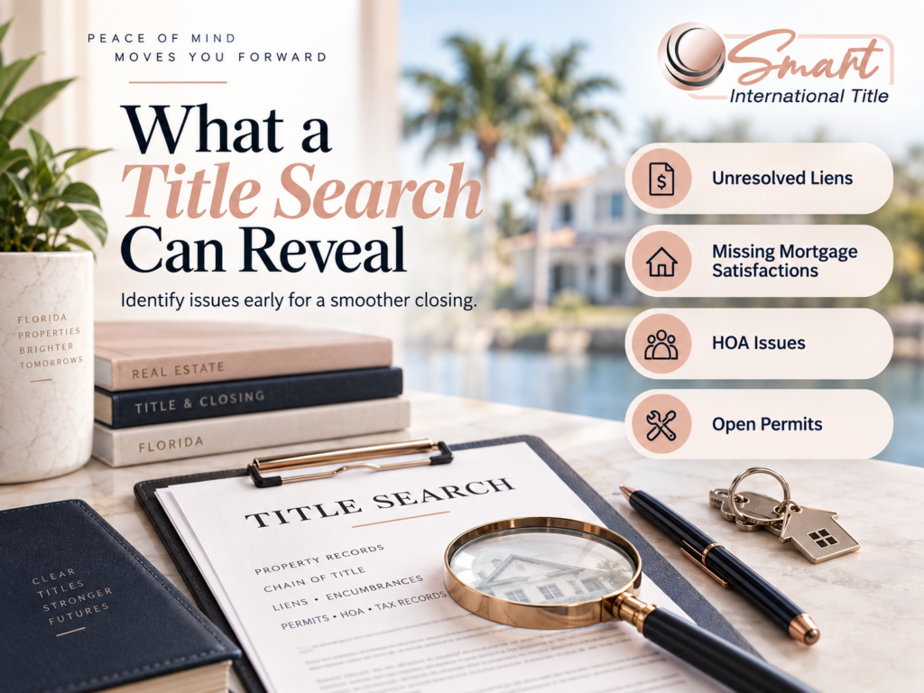 Florida title search showing liens, mortgage satisfactions, HOA issues, and open permits that may affect a closing.