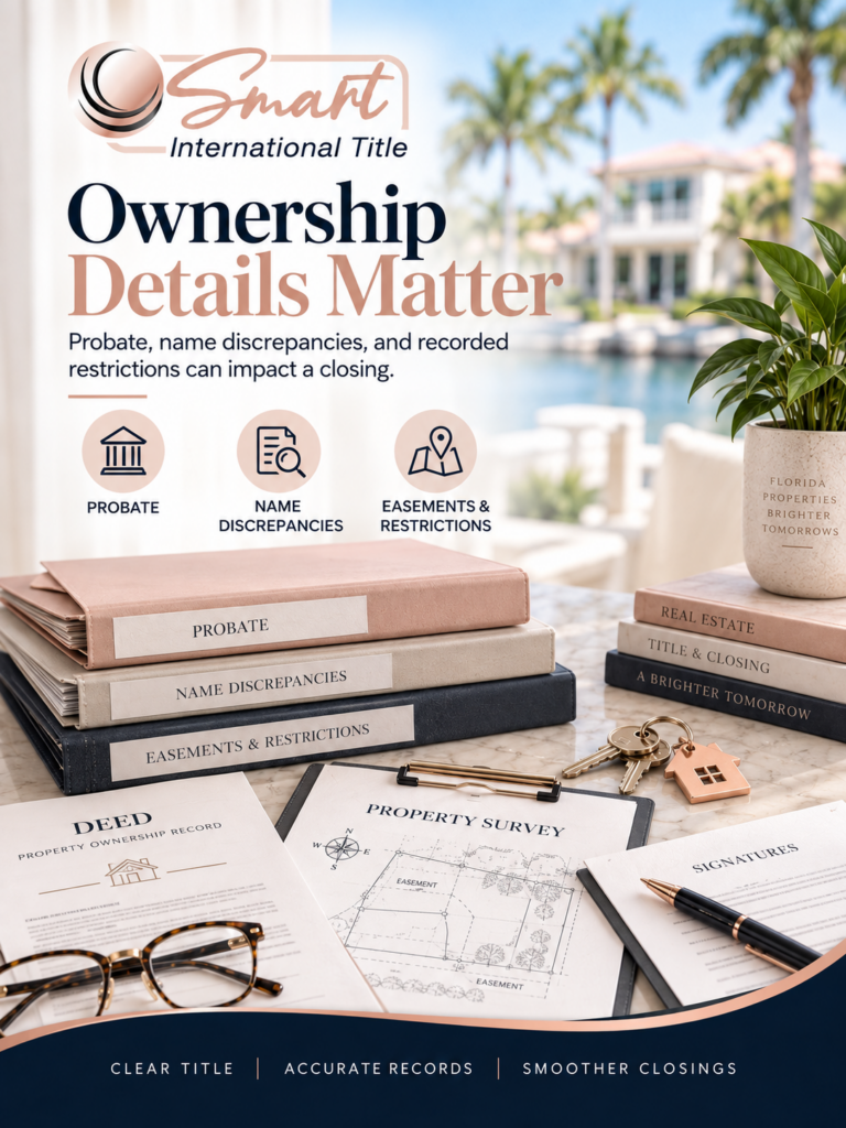 Property deed and survey illustrating probate, ownership name discrepancies, easements, and restrictions affecting Florida real estate.