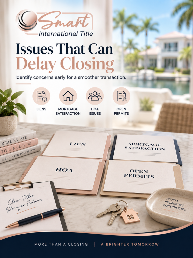 Closing documents representing liens, mortgage satisfaction, HOA issues, and open permits in a Florida real estate transaction.