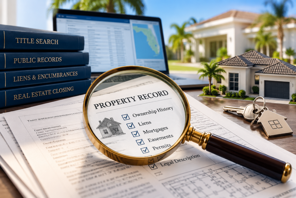 Florida title search reviewing property records, liens, mortgages and ownership history