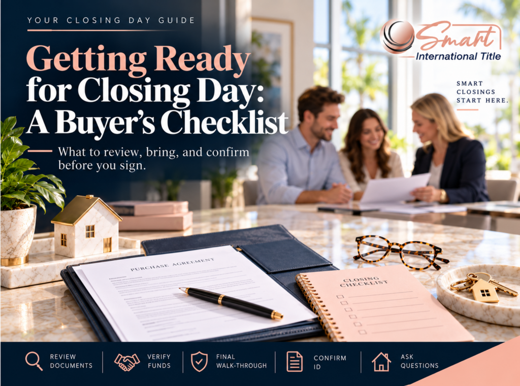 Getting Ready for Closing Day: A Buyer’s Checklist cover, with closing documents, keys, and a couple meeting with a closing professional.