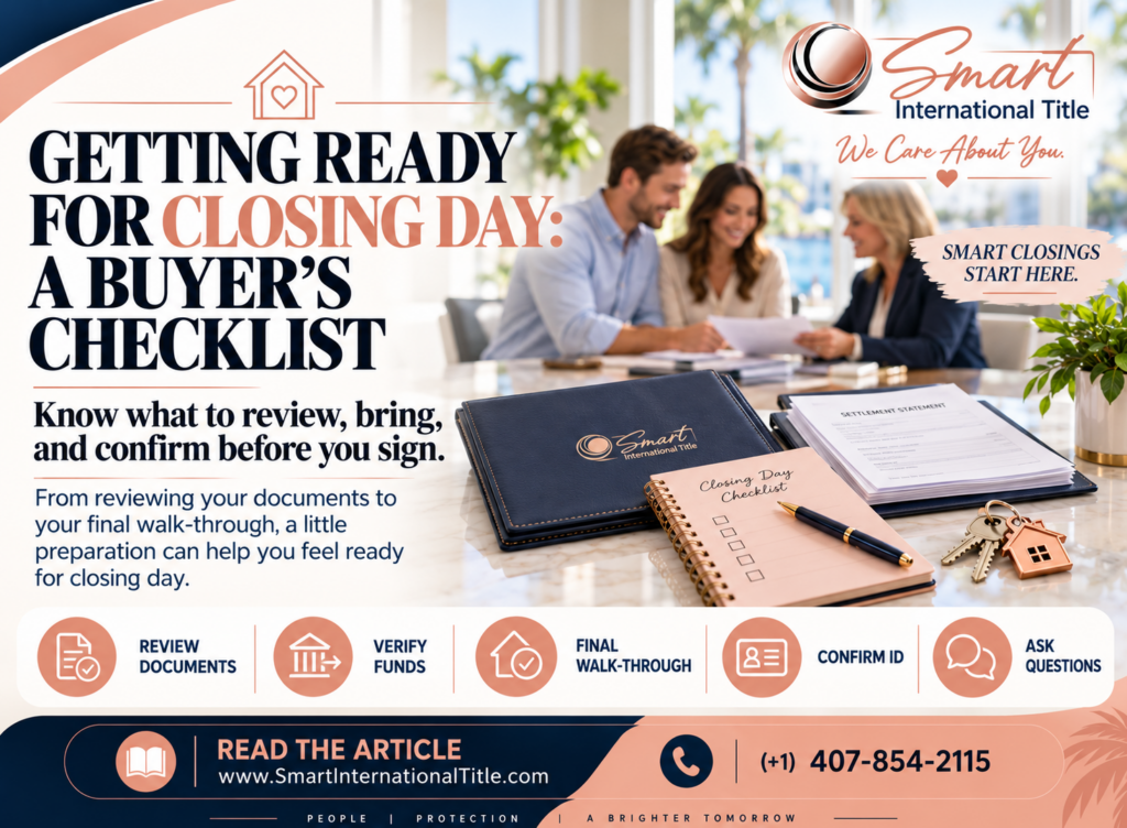 Smart International Title closing day checklist graphic with buyers reviewing paperwork and reminders to prepare before signing.