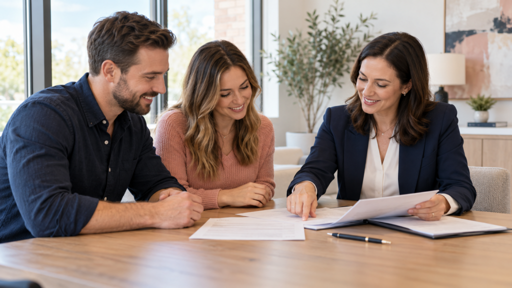 Homebuyers reviewing closing documents with a title professional at an office table.