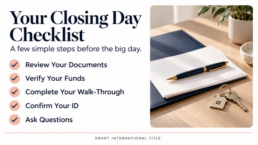 Closing day checklist: review your documents, verify your funds, complete your walk-through, confirm your ID, and ask questions.